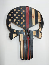 Load image into Gallery viewer, Punisher Skull Wood Flag, Punisher, Wood Flag, American Flag, Thin Red Line, Thin Blue Line, Patriotic Decor, Wood Decor, Wood Art