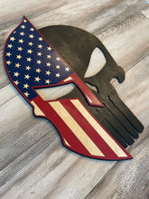 Load image into Gallery viewer, Spartan Punisher Wood Flag, Spartan Helmet, Punisher Skull, Law Enforcement, Police Officer, Firefighter, Military, Veteran, Wood Sign
