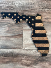 Load image into Gallery viewer, Florida Wood Sign, Florida Shaped American Flag, Florida State Flag, Wood Flag, Florida, Wood Decor, Thin Blue Line, Thin Red Line