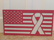 Load image into Gallery viewer, Cancer Ribbon Carved Wood Flag, Fuck Cancer, Cancer Survivor, Cancer Fighter, Cancer Support, Survivor, Wood Flag, American Flag