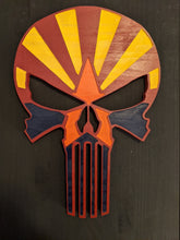 Load image into Gallery viewer, Punisher Skull Arizona Wood Flag, Punisher, Wood Flag, American Flag, Patriotic Decor, Wood Decor, Wood Art, Arizona, AZ, State Flag