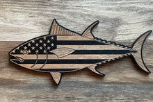Load image into Gallery viewer, Tuna Wood Flag, Tuna Fish, Fishing, Fish, Saltwater Fish, Outdoors, Bedroom, Mancave, American Flag, Wood Decor