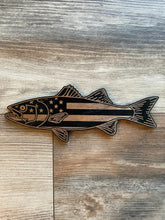 Load image into Gallery viewer, Bass Fish Wood Flag, Bass Fish, Bass, Fishing, Fish, Freshwater Fish, Outdoors, Bedroom, Mancave, American Flag, Wood Decor