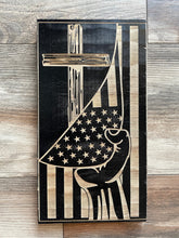 Load image into Gallery viewer, Vertical American Flag Tearaway to Cross, Wood Flag, Cross, American Flag, Christian, Catholic, Faith, Wood Decor, Decor
