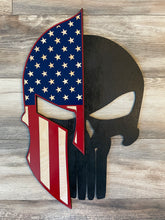 Load image into Gallery viewer, Spartan Punisher Wood Flag, Spartan Helmet, Punisher Skull, Law Enforcement, Police Officer, Firefighter, Military, Veteran, Wood Sign
