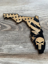 Load image into Gallery viewer, Florida Wood Sign, Florida Punisher Sign, Punisher, Punisher Sign, American Flag, Florida State Flag, Wood Flag, Wood Decor, Patriotic Decor