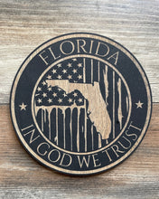 Load image into Gallery viewer, Florida Round Sign, State of Florida Sign, In God We Trust, American Flag Sign, Patriot, Round Sign, Wood Sign
