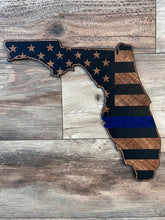 Load image into Gallery viewer, Florida Wood Sign, Florida Shaped American Flag, Florida State Flag, Wood Flag, Florida, Wood Decor, Thin Blue Line, Thin Red Line