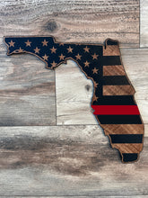 Load image into Gallery viewer, Florida Wood Sign, Florida Shaped American Flag, Florida State Flag, Wood Flag, Florida, Wood Decor, Thin Blue Line, Thin Red Line