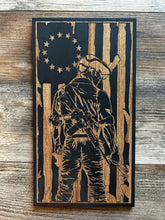 Load image into Gallery viewer, Minuteman Patriot Wood Flag, Betsy Ross, Vertical Flag, Minuteman, Founding Father, Veteran, Wood Flag, American Flag, Wood Sign. Wood Decor