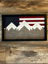 Load image into Gallery viewer, Rustic American Flag Mountain Flag, Mosaic Flag, Mountain Flag, Mountain Art, Handmade Gift, Wood Flag, Wall Art, Wood Art, Home Decor