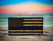 Load image into Gallery viewer, Thin Blue Line Rustic Wooden American Flag, Battle Worn and Distressed Wooden Flag, Wood Flag, American Flag, Home Decor, Office Decor, Wooden Flag
