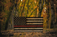 Load image into Gallery viewer, Thin Red Line Rustic Wooden American Flag, Battle Worn and Distressed Wooden Flag, Wood Flag, American Flag, Home Decor, Office Decor, Wooden Flag
