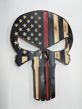 Load image into Gallery viewer, Punisher Skull Wood Flag, Punisher, Wood Flag, American Flag, Thin Red Line, Thin Blue Line, Patriotic Decor, Wood Decor, Wood Art
