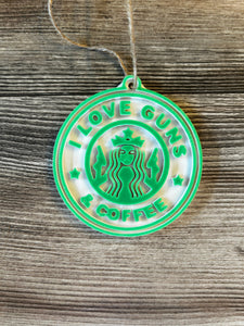 I Love Guns and Coffee Christmas Ornament, Christmas Gift, Christmas Decorations, Coffee, Starbucks, Guns, Veterans, Law Enforcement