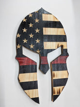 Load image into Gallery viewer, Spartan Wood Flag, Spartan, Sparta, Wood Flag, American Flag, Thin Red Line, Thin Blue Line, Wood Decor, Patriotic Decor
