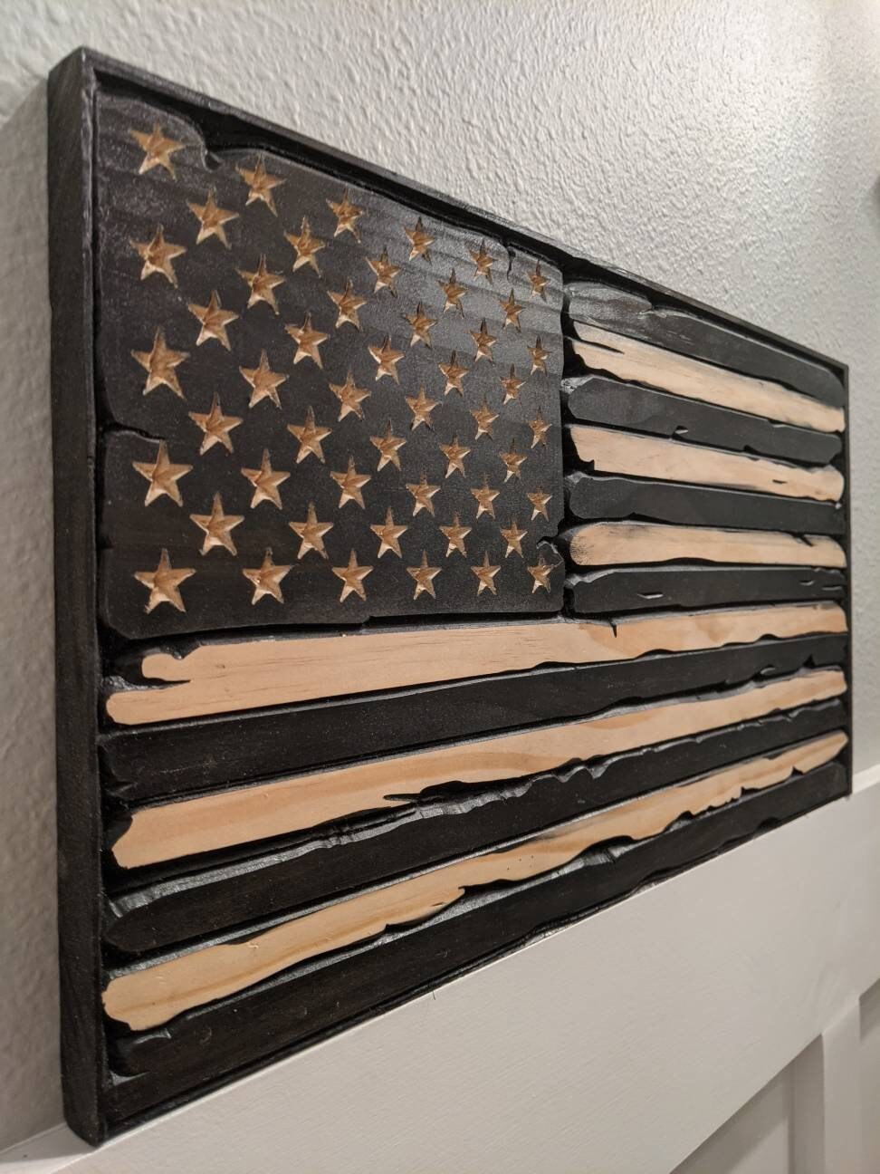 Black Battle Worn Distressed Carved Wood Flag, Wood Flag, American Flag, American, Handmade, Wood Decor, Patriotic Decor, Wood Art
