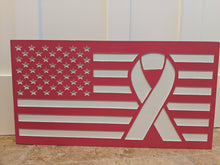 Load image into Gallery viewer, Cancer Ribbon Carved Wood Flag, Fuck Cancer, Cancer Survivor, Cancer Fighter, Cancer Support, Survivor, Wood Flag, American Flag
