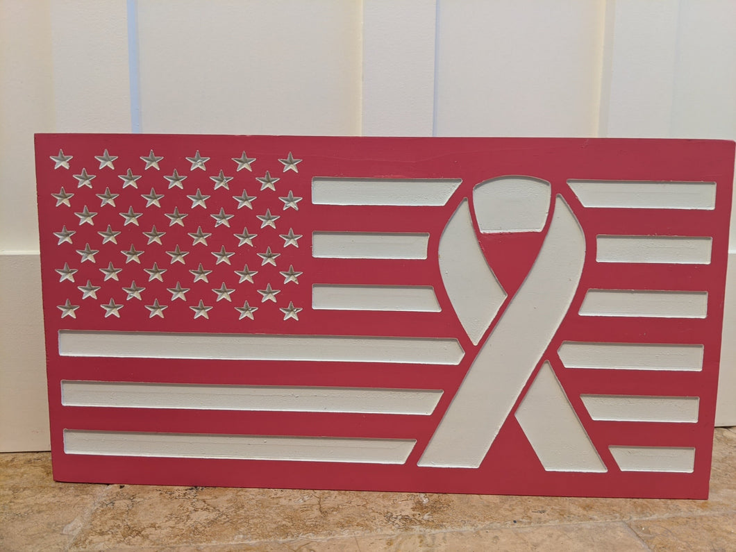 Cancer Ribbon Carved Wood Flag, Fuck Cancer, Cancer Survivor, Cancer Fighter, Cancer Support, Survivor, Wood Flag, American Flag