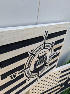 Off Road Vehicle Wood Flag, American Flag , Offroad, Mountains, Compass, Outdoors, 4x4, Four Wheel Drive