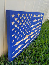 Load image into Gallery viewer, Saltwater Fish American Wood Flag, Wood Flag, American Flag, Wood Decor, Patriotic Decor, Saltwater, Beach, Ocean, Fish, Freshwater, Fishing

