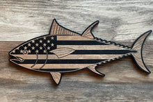 Load image into Gallery viewer, Tuna Wood Flag, Tuna Fish, Fishing, Fish, Saltwater Fish, Outdoors, Bedroom, Mancave, American Flag, Wood Decor
