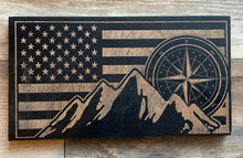 Load image into Gallery viewer, Mountains and Compass Wood Flag, Wood Flag, American Flag, Mountains, Outdoors, Compass, Hiking, Camping, Wood Decor
