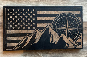 Mountains and Compass Wood Flag, Wood Flag, American Flag, Mountains, Outdoors, Compass, Hiking, Camping, Wood Decor