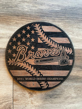 Load image into Gallery viewer, Braves Baseball Wood Flag, Atlanta Braves, Braves, Baseball, Wood Art, Wood Sign, Bedroom Decor, Decoration, American Flag, Wood Decor
