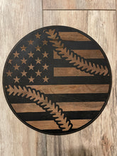 Load image into Gallery viewer, Baseball Wood Flag Round Sign, Baseball, MLB, Wood Art, Wood Sign, Bedroom Decor, Decoration, Patriot, American Flag, Wood Decor
