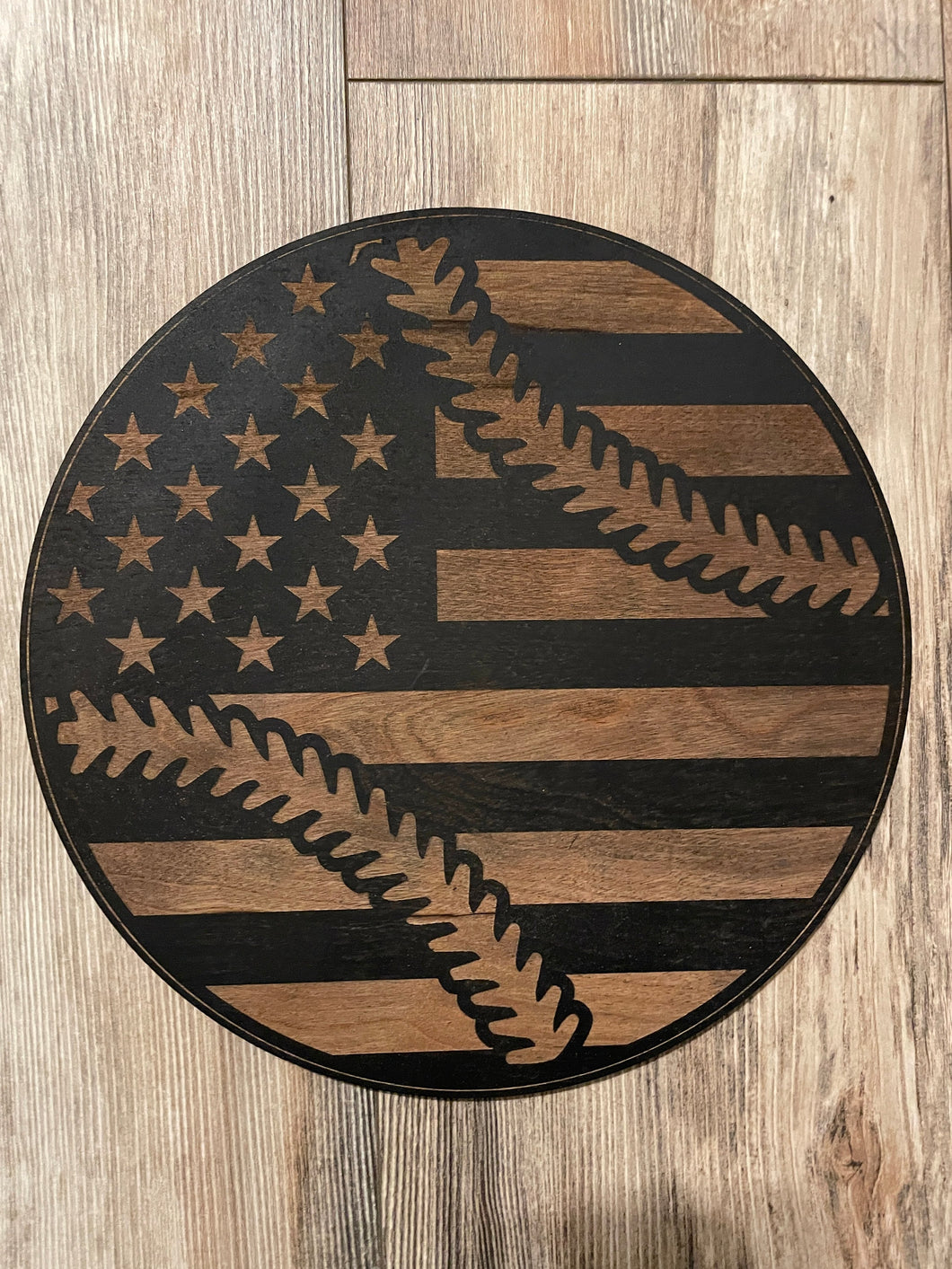Baseball Wood Flag Round Sign, Baseball, MLB, Wood Art, Wood Sign, Bedroom Decor, Decoration, Patriot, American Flag, Wood Decor