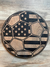 Load image into Gallery viewer, Soccer Wood Flag, Soccer, Soccer Ball, MLS, UEFA, FIFA, LaLiga, Premier League, Round Sign, Bedroom Decor, American Flag, Wood Decor
