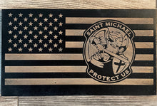 Load image into Gallery viewer, Saint Michael Protect Us Wood Flag, Wood Flag, American Flag, St Michael, Saint Michael, Christian, Faith, Wood Decor, Decor
