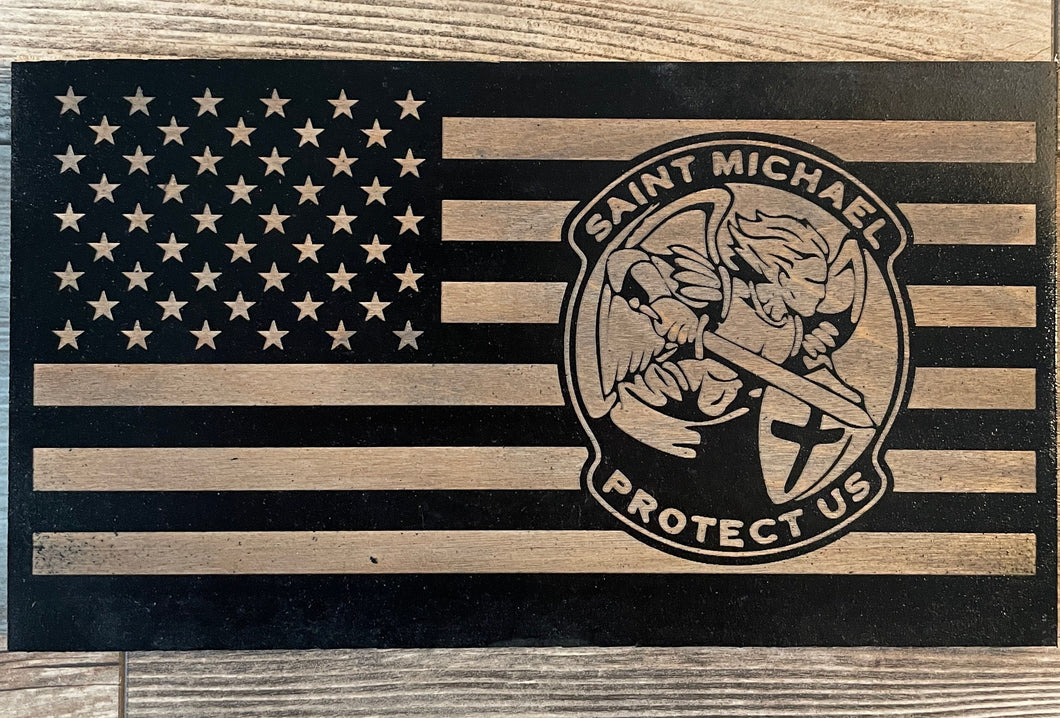 Saint Michael Protect Us Wood Flag, Wood Flag, American Flag, St Michael, Saint Michael, Christian, Faith, Wood Decor, Decor