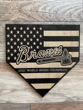 Load image into Gallery viewer, Braves Baseball Home Plate Wood Flag, Atlanta Braves, Braves, Home Plate, Baseball, MLB, Wood Art, Wood Sign, American Flag, Wood Decor
