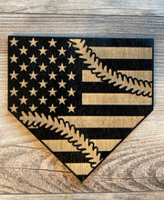 Load image into Gallery viewer, Baseball Home Plate Wood Flag, Home Plate, Baseball, MLB, Wood Art, Wood Sign, American Flag, Wood Decor
