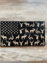 Load image into Gallery viewer, Hunting American Wood Flag, Hunting Flag, Hunting Decor, Wood Flag, American Flag, Wood Decor, Patriotic Decor, Deer, Elk, Antlers
