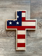 Load image into Gallery viewer, Wooden American Flag Cross, Wood Cross, Wood Flag Cross, Wall Decor, Wood Decor
