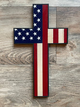 Load image into Gallery viewer, Wooden American Flag Cross, Wood Cross, Wood Flag Cross, Wall Decor, Wood Decor
