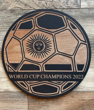 Load image into Gallery viewer, Argentina World Cup 2022 Soccer Wood Flag, World Cup, World Cup Champions, Argentina, FIFA, Soccer, Soccer Ball, Round Sign, Wood Decor
