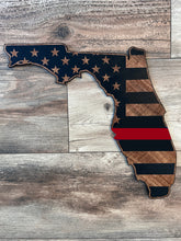 Load image into Gallery viewer, Florida Wood Sign, Florida Shaped American Flag, Florida State Flag, Wood Flag, Florida, Wood Decor, Thin Blue Line, Thin Red Line
