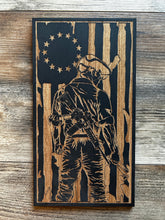 Load image into Gallery viewer, Minuteman Patriot Wood Flag, Betsy Ross, Vertical Flag, Minuteman, Founding Father, Veteran, Wood Flag, American Flag, Wood Sign. Wood Decor
