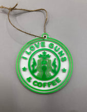 Load image into Gallery viewer, I Love Guns and Coffee Christmas Ornament, Christmas Gift, Christmas Decorations, Coffee, Starbucks, Guns, Veterans, Law Enforcement
