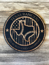 Load image into Gallery viewer, Texas Rangers Baseball Wood Flag, 2023 World Series, Texas Rangers, Texas, Baseball, Wood Art, Wood Sign, American Flag, Wood Decor
